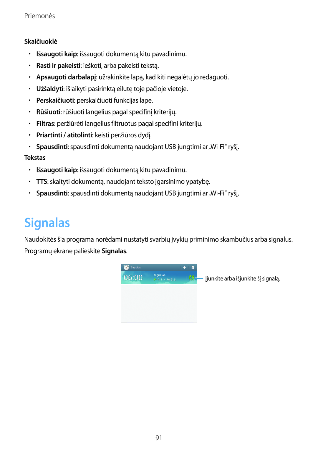 Samsung SM-T3150ZWASEB manual Signalas, Skaičiuoklė, Tekstas 