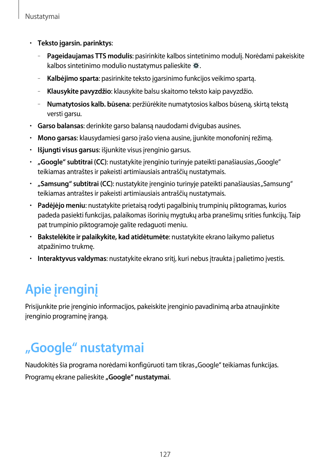 Samsung SM-T3150ZWASEB manual Apie įrenginį, „Google nustatymai, Teksto įgarsin. parinktys 