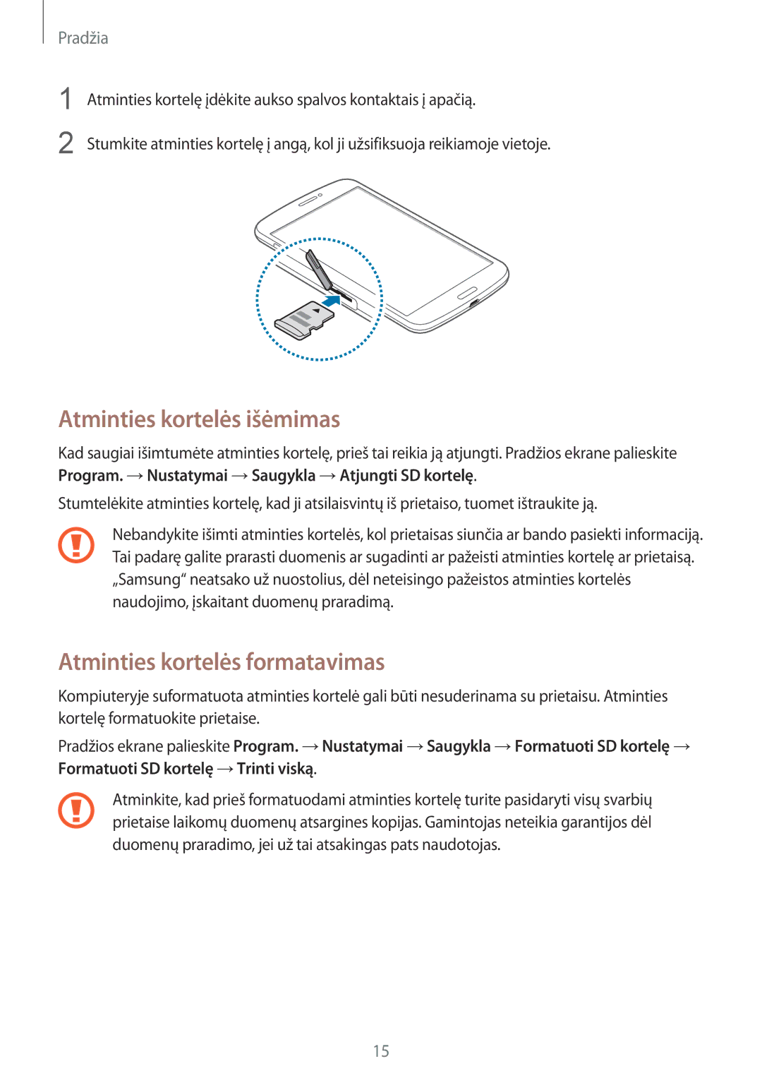 Samsung SM-T3150ZWASEB manual Atminties kortelės išėmimas, Atminties kortelės formatavimas 