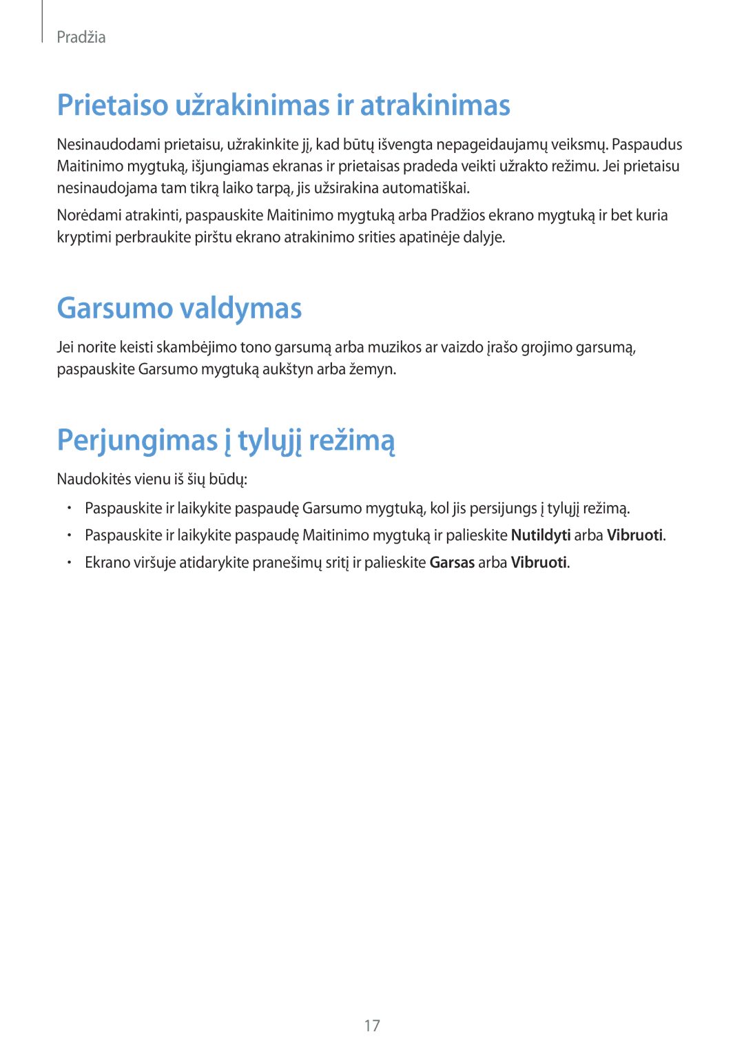 Samsung SM-T3150ZWASEB manual Prietaiso užrakinimas ir atrakinimas, Garsumo valdymas, Perjungimas į tylųjį režimą 