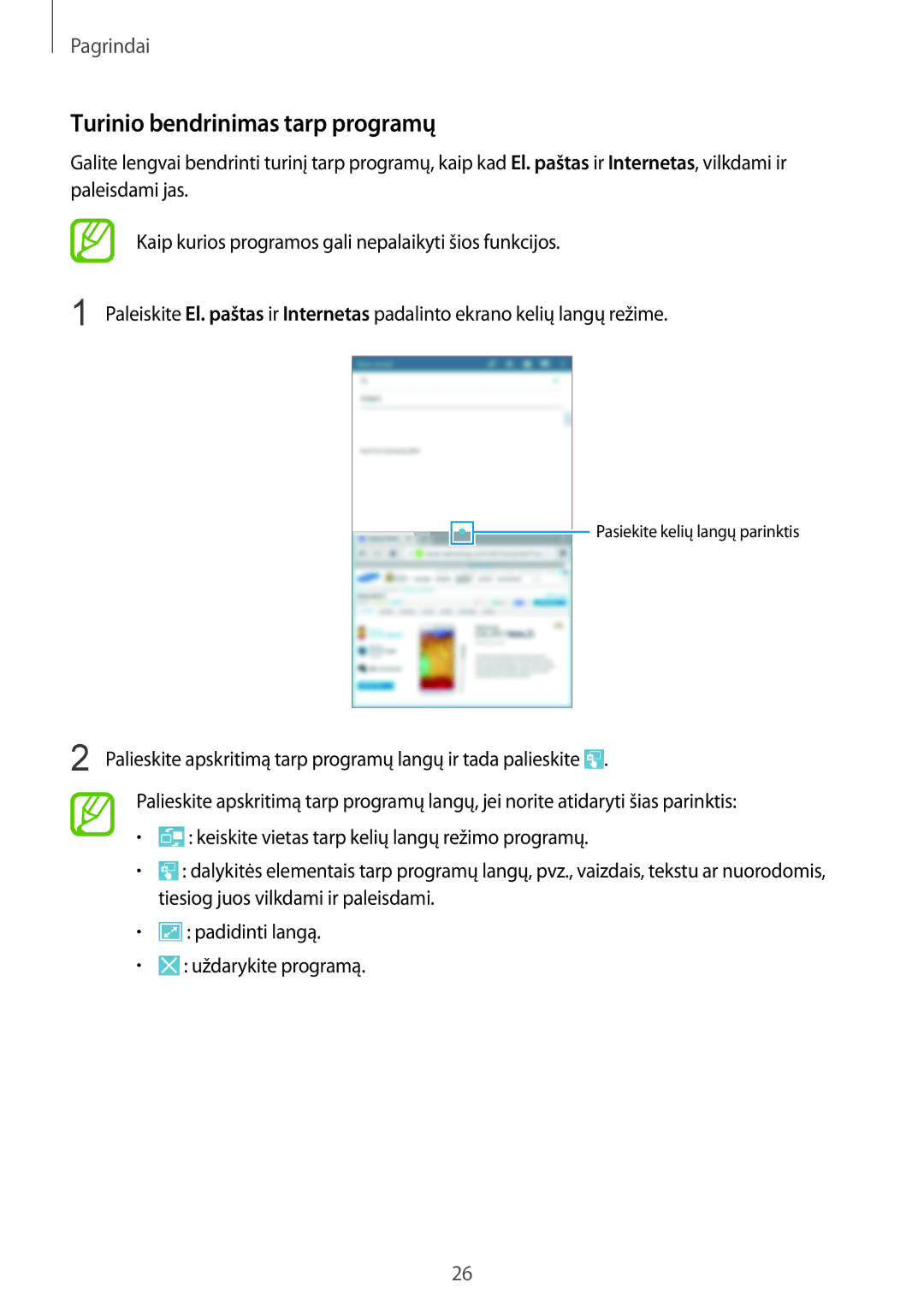 Samsung SM-T3150ZWASEB manual Turinio bendrinimas tarp programų 