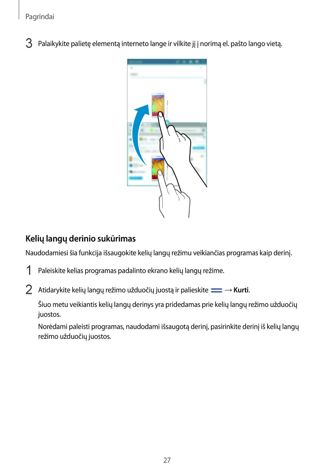 Samsung SM-T3150ZWASEB manual Kelių langų derinio sukūrimas 