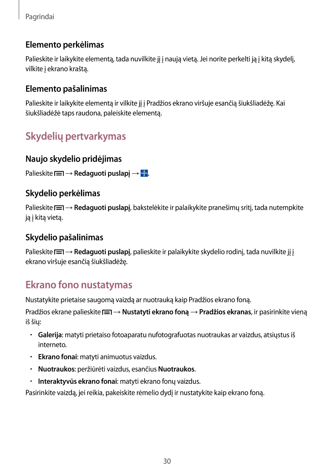 Samsung SM-T3150ZWASEB manual Skydelių pertvarkymas, Ekrano fono nustatymas 