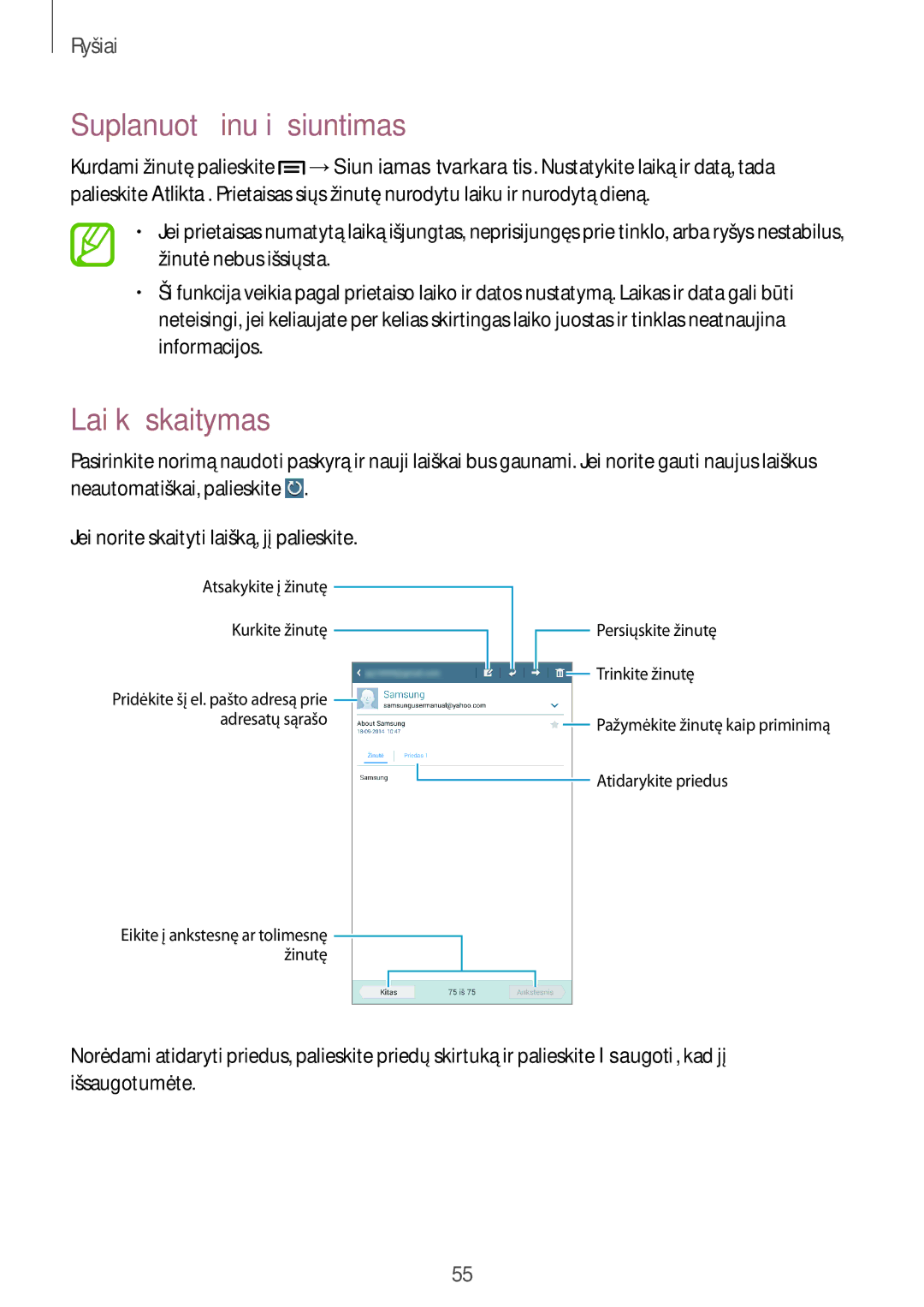 Samsung SM-T3150ZWASEB manual Laiškų skaitymas 