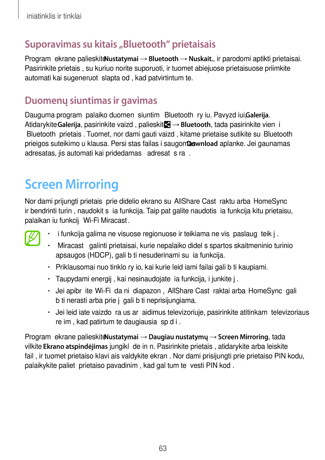 Samsung SM-T3150ZWASEB manual Screen Mirroring, Suporavimas su kitais „Bluetooth prietaisais, Duomenų siuntimas ir gavimas 