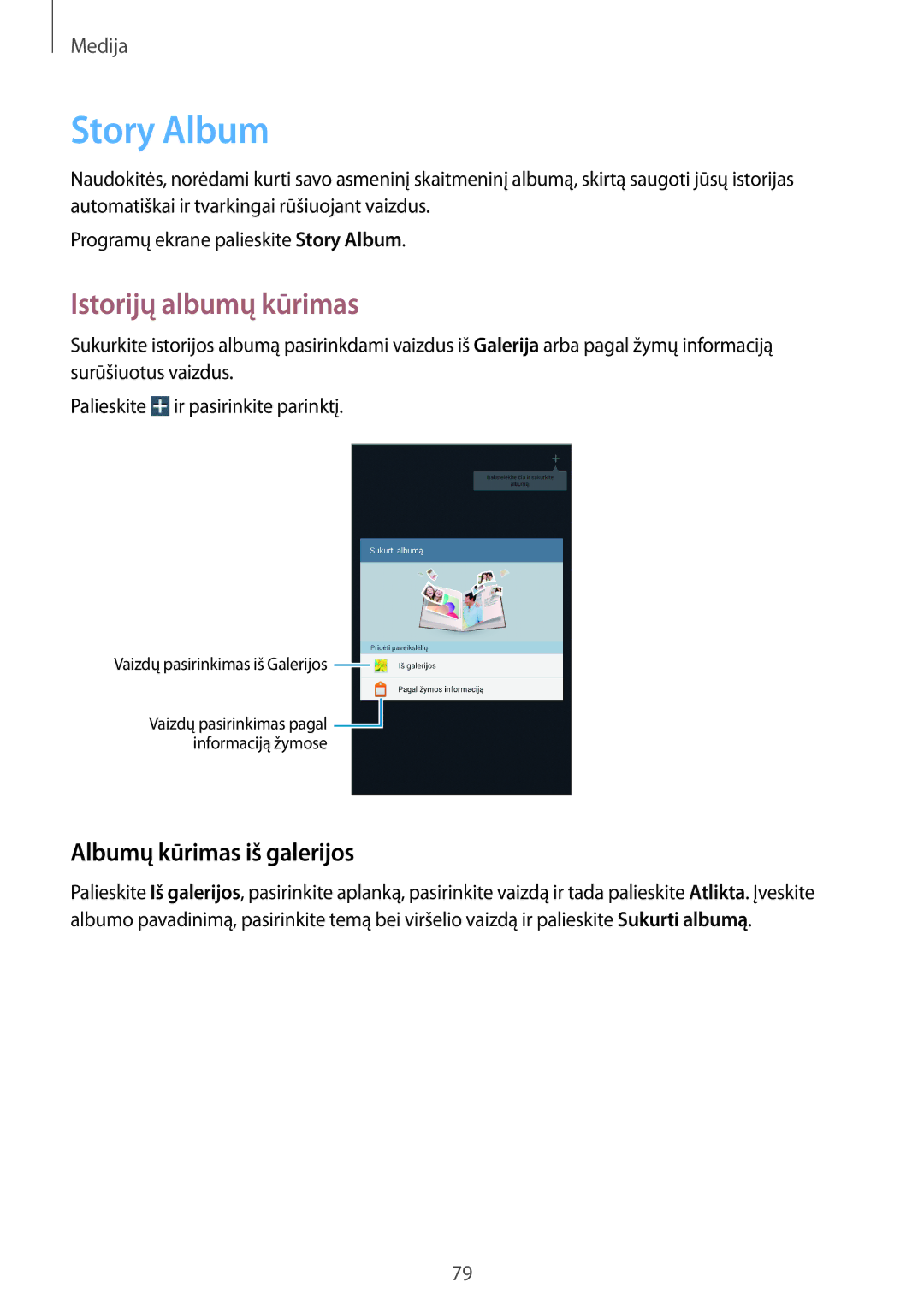 Samsung SM-T3150ZWASEB manual Story Album, Istorijų albumų kūrimas, Albumų kūrimas iš galerijos 