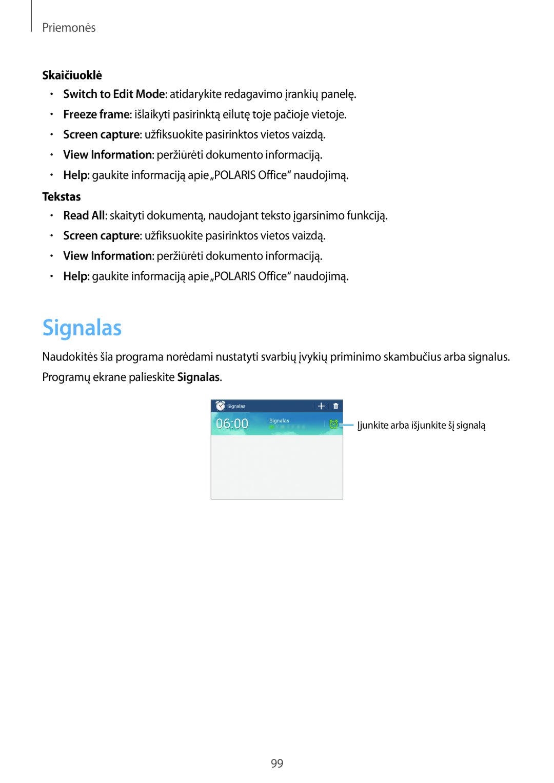 Samsung SM-T3150ZWASEB manual Signalas, Skaičiuoklė, Tekstas 