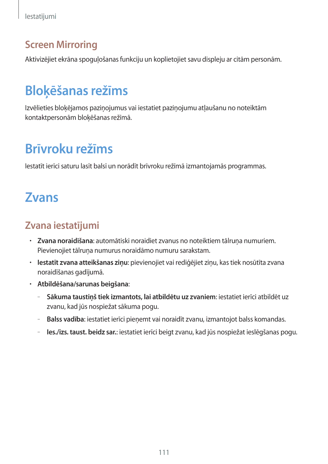 Samsung SM-T3150ZWASEB manual Bloķēšanas režīms, Brīvroku režīms, Zvans, Screen Mirroring, Zvana iestatījumi 