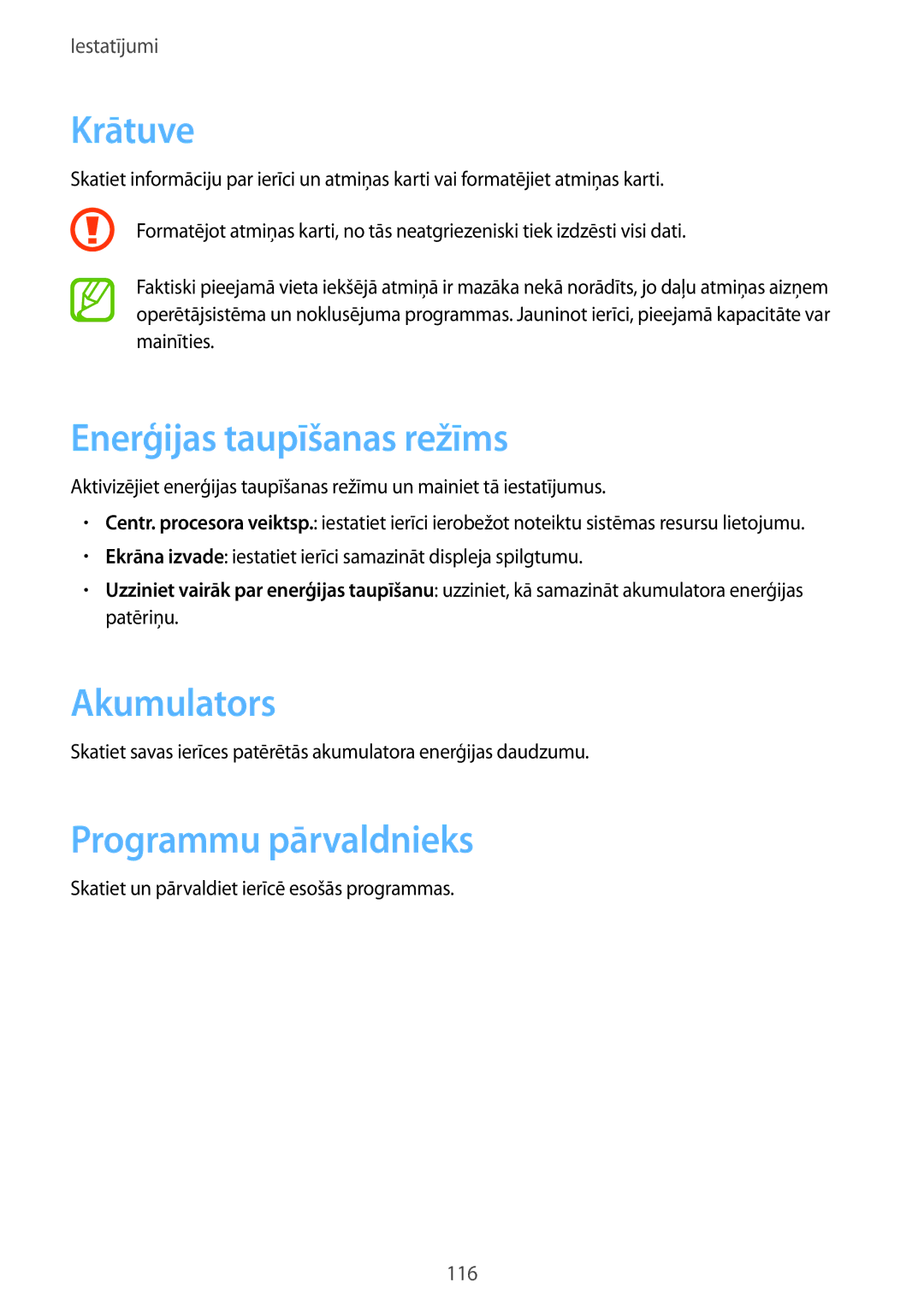 Samsung SM-T3150ZWASEB manual Krātuve, Enerģijas taupīšanas režīms, Akumulators, Programmu pārvaldnieks 