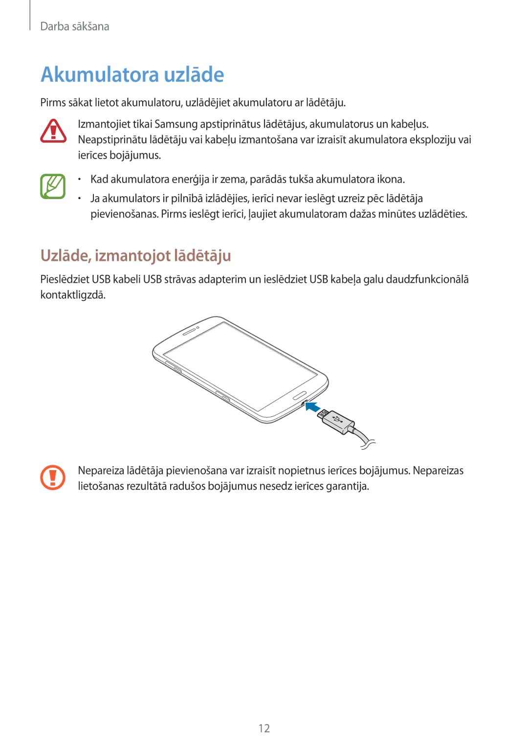 Samsung SM-T3150ZWASEB manual Akumulatora uzlāde, Uzlāde, izmantojot lādētāju 