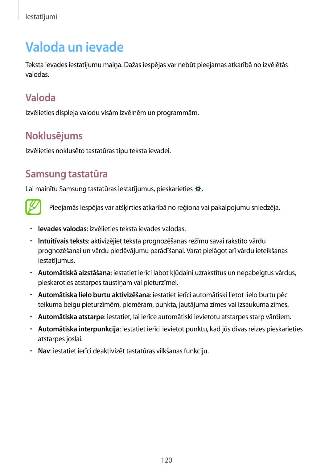 Samsung SM-T3150ZWASEB manual Valoda un ievade, Noklusējums, Samsung tastatūra 