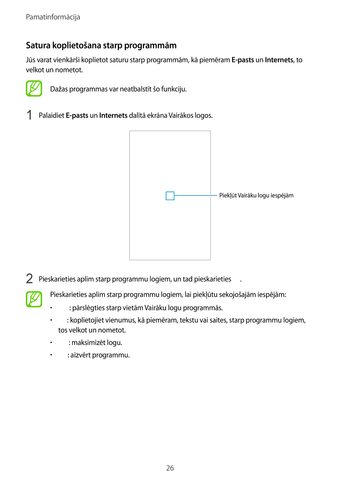 Samsung SM-T3150ZWASEB manual Satura koplietošana starp programmām 