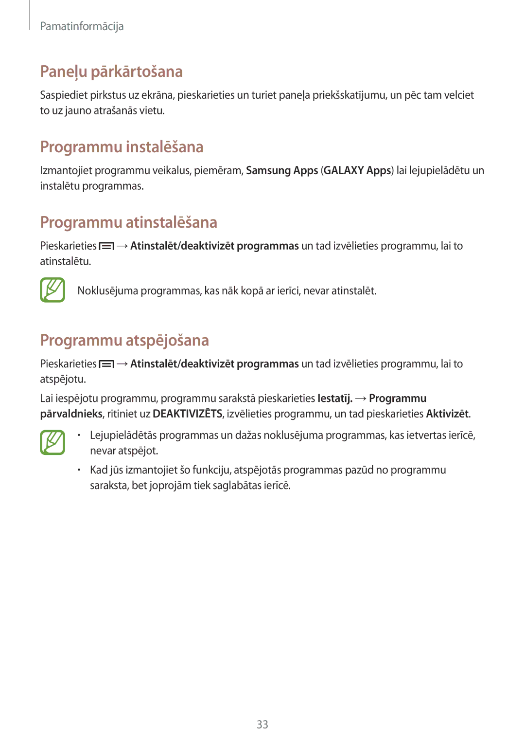 Samsung SM-T3150ZWASEB manual Programmu instalēšana, Programmu atinstalēšana, Programmu atspējošana 