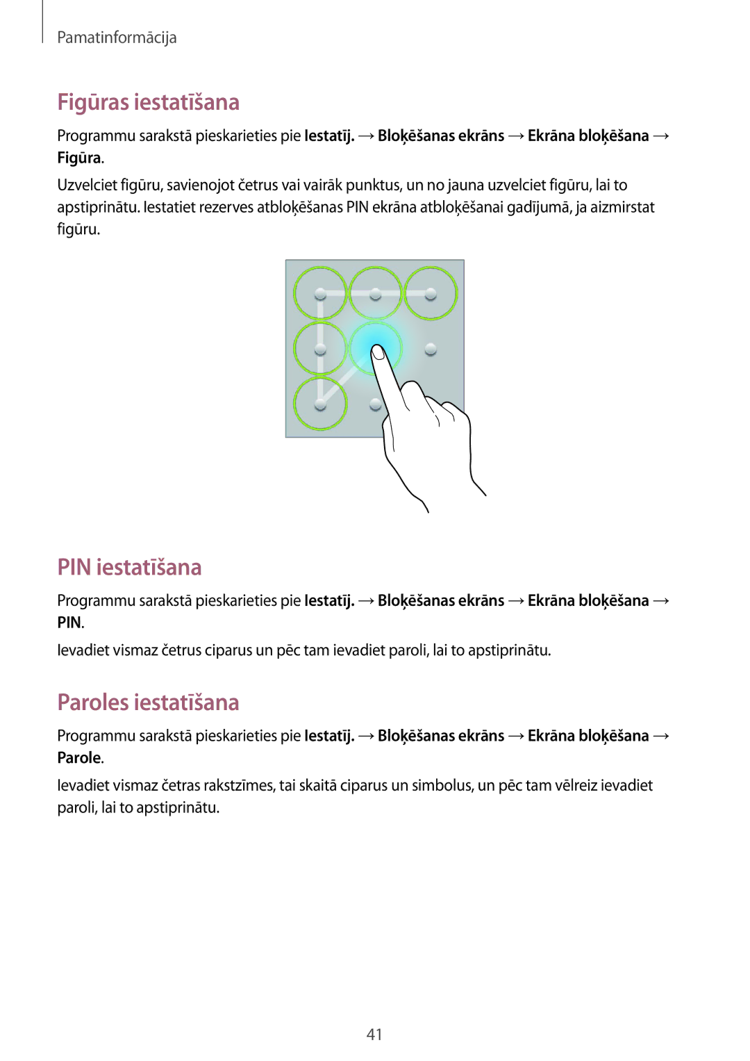 Samsung SM-T3150ZWASEB manual Figūras iestatīšana, PIN iestatīšana, Paroles iestatīšana 