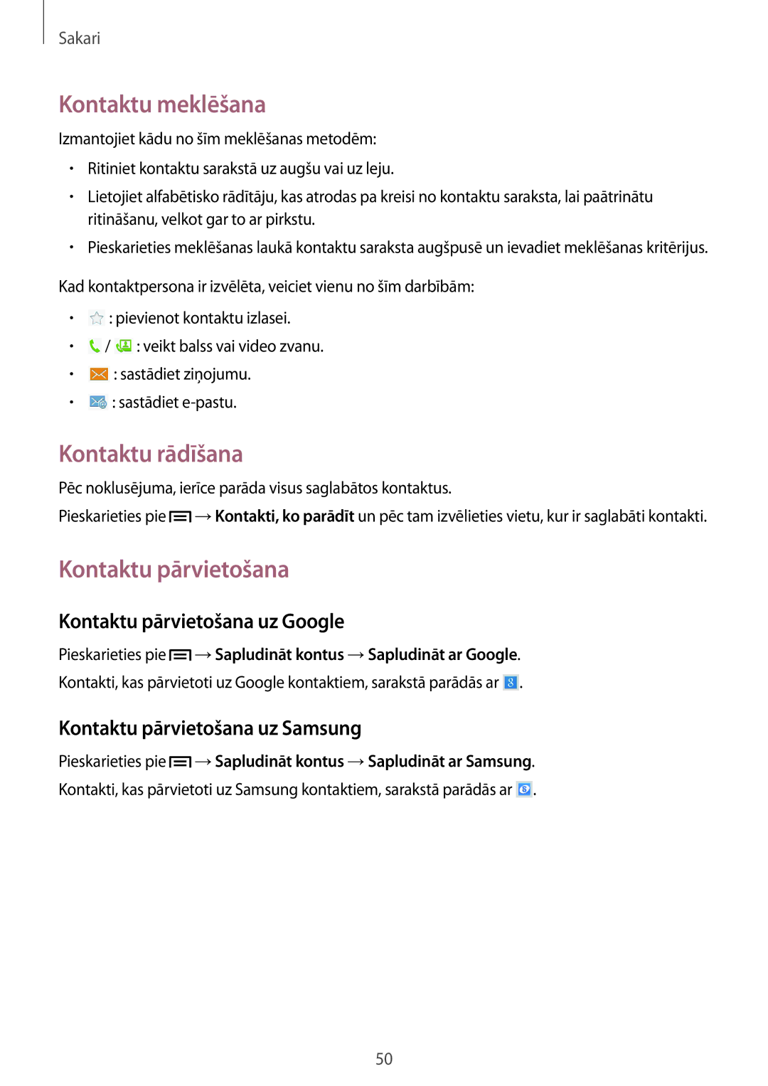 Samsung SM-T3150ZWASEB manual Kontaktu meklēšana, Kontaktu rādīšana, Kontaktu pārvietošana uz Google 