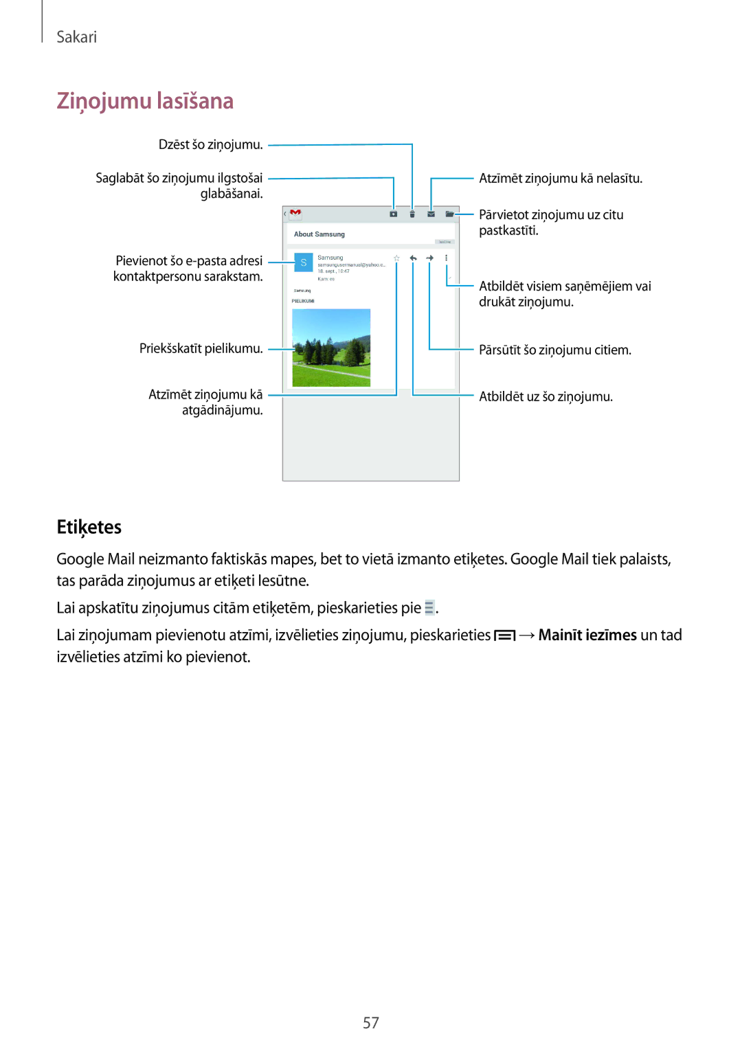 Samsung SM-T3150ZWASEB manual Etiķetes, Dzēst šo ziņojumu 