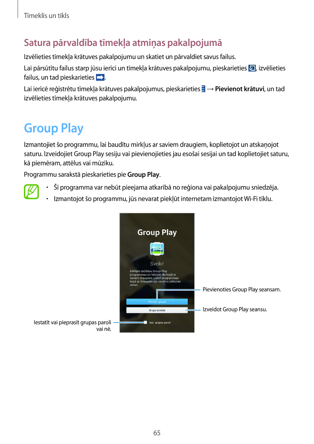 Samsung SM-T3150ZWASEB manual Group Play, Satura pārvaldība tīmekļa atmiņas pakalpojumā 