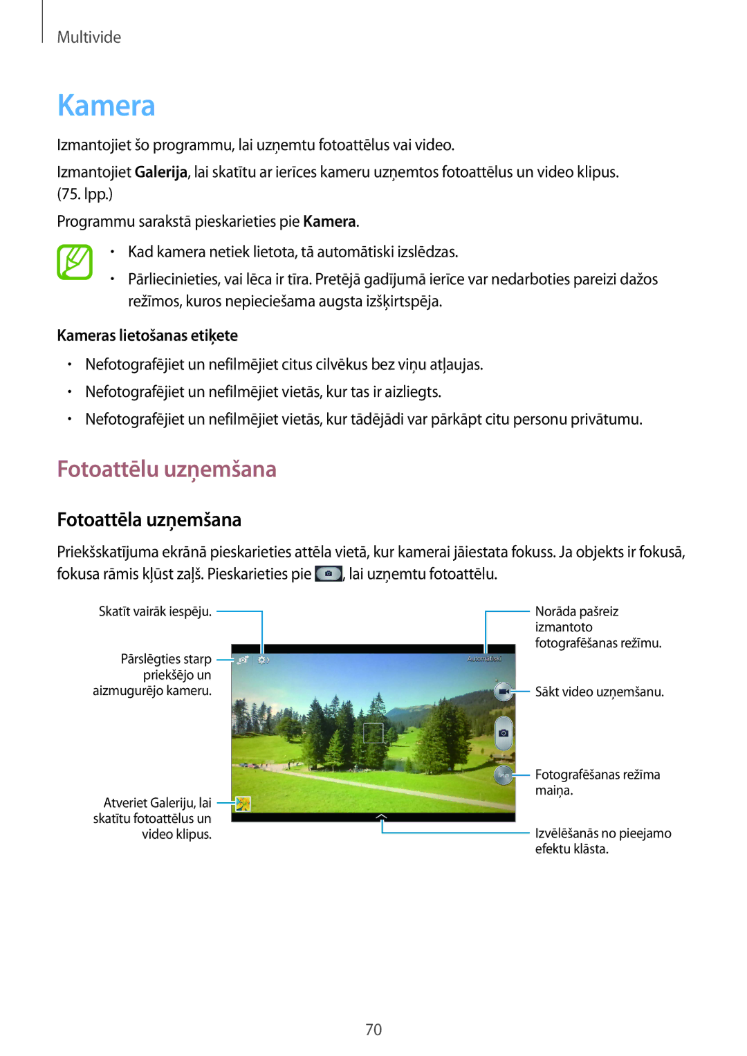 Samsung SM-T3150ZWASEB manual Fotoattēlu uzņemšana, Fotoattēla uzņemšana, Kameras lietošanas etiķete 
