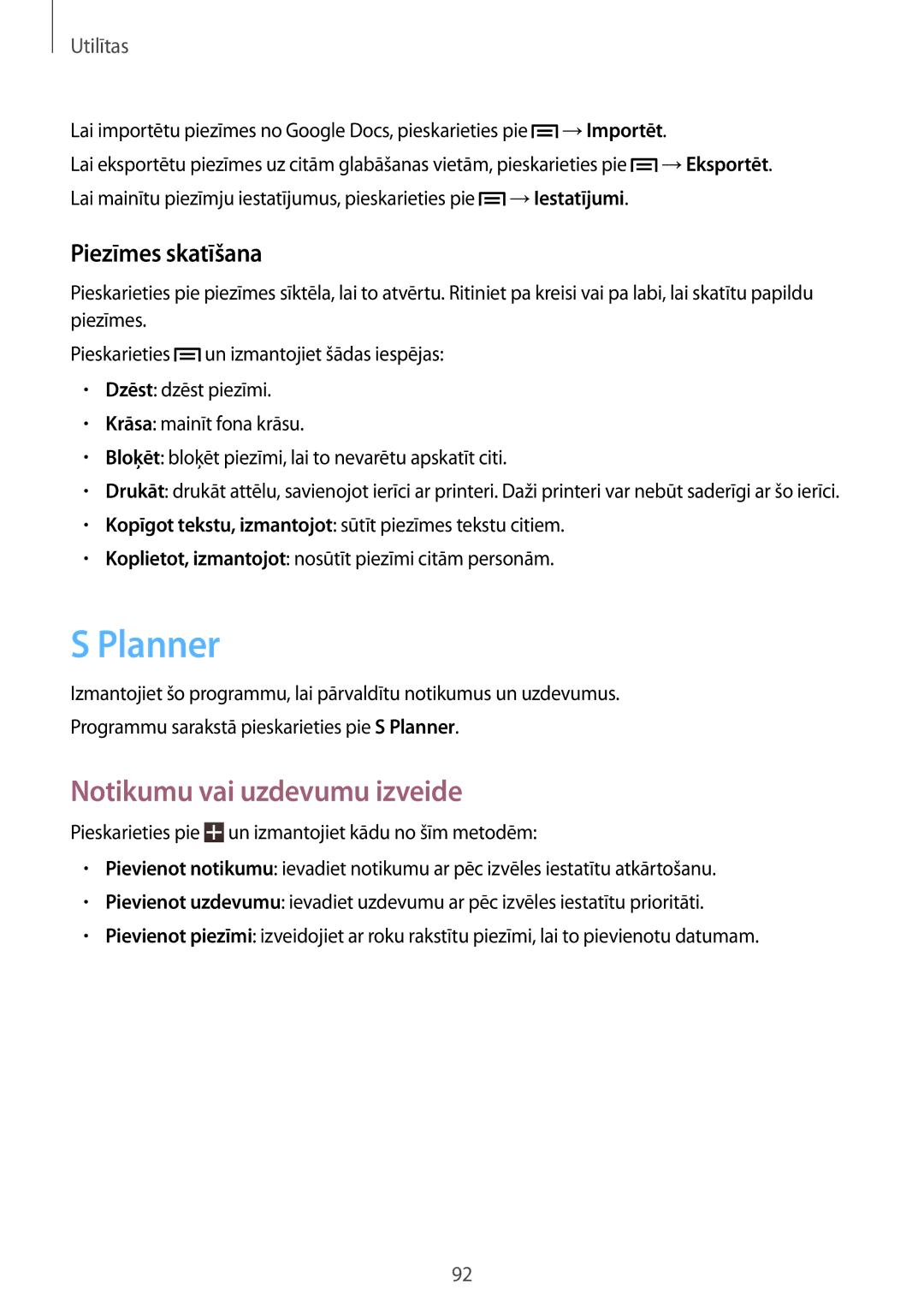 Samsung SM-T3150ZWASEB manual Planner, Notikumu vai uzdevumu izveide, Piezīmes skatīšana 