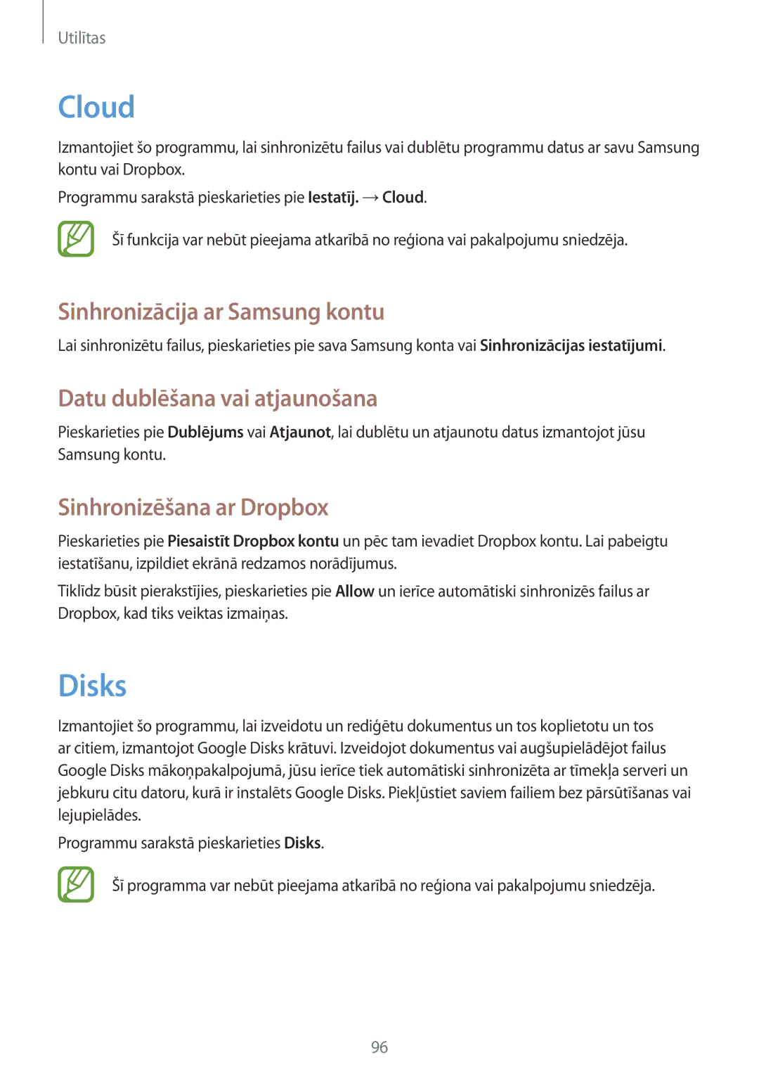 Samsung SM-T3150ZWASEB manual Cloud, Disks, Sinhronizācija ar Samsung kontu, Datu dublēšana vai atjaunošana 