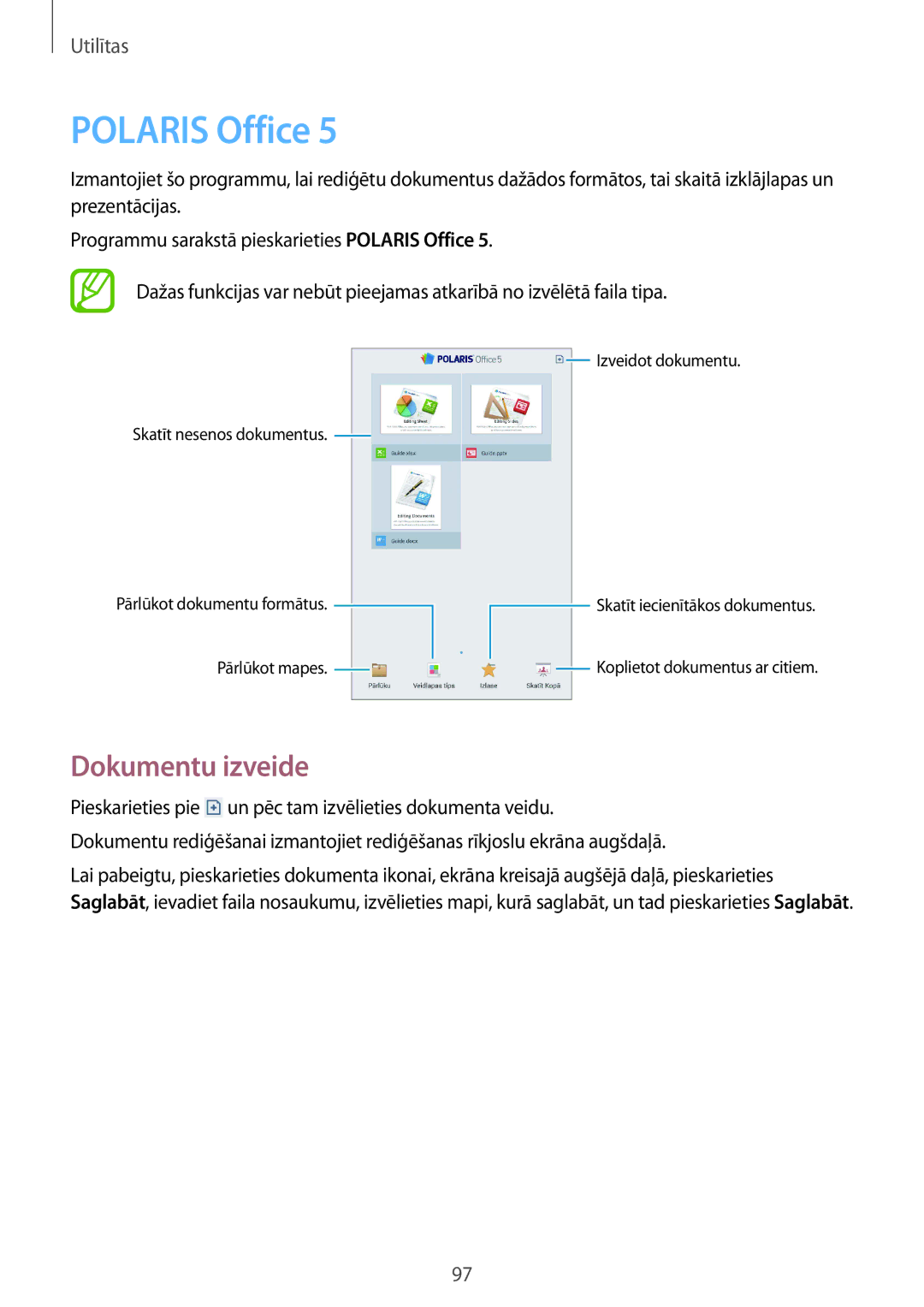 Samsung SM-T3150ZWASEB manual Polaris Office, Dokumentu izveide 