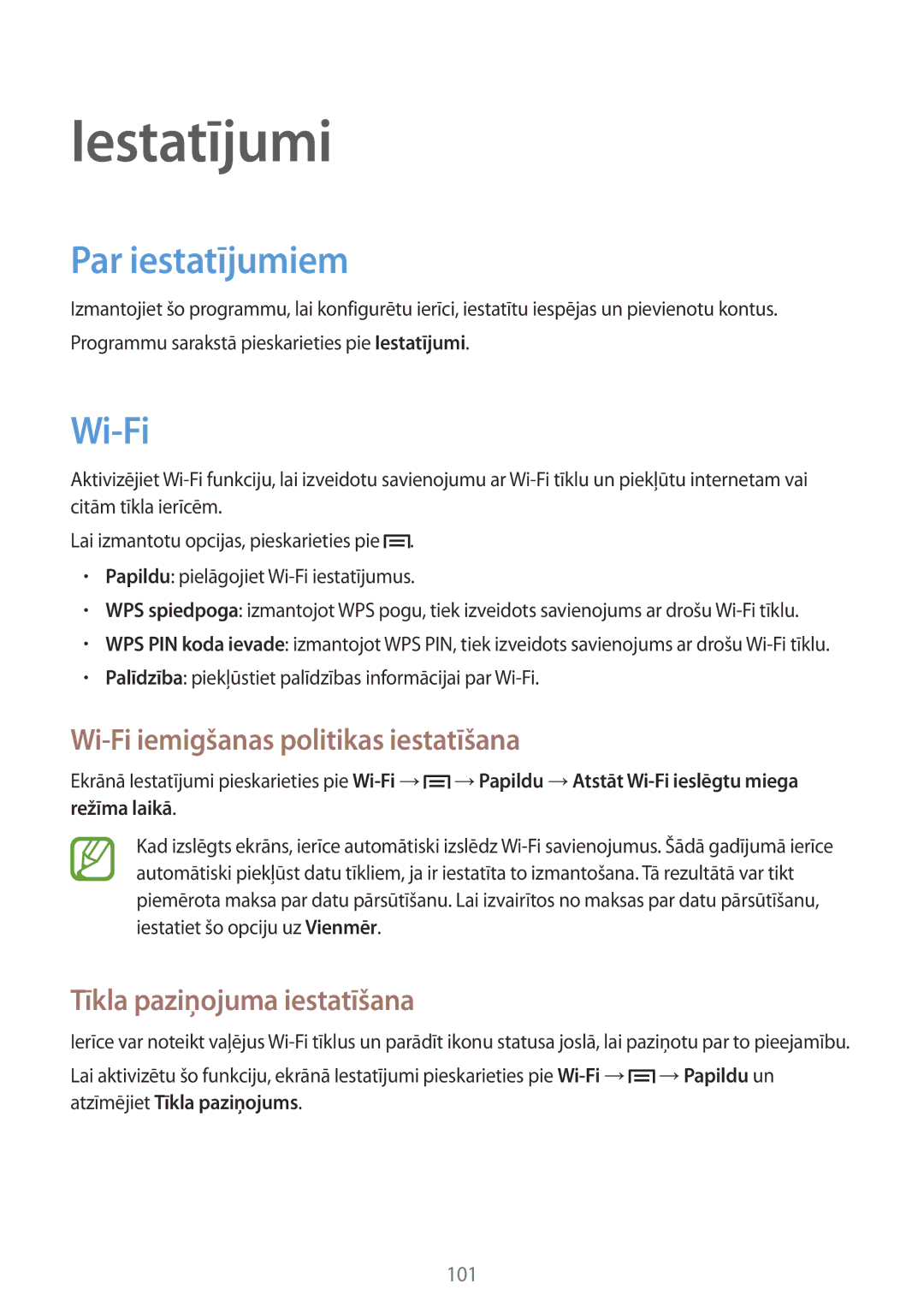 Samsung SM-T3150ZWASEB manual Iestatījumi, Par iestatījumiem, Wi-Fi iemigšanas politikas iestatīšana 