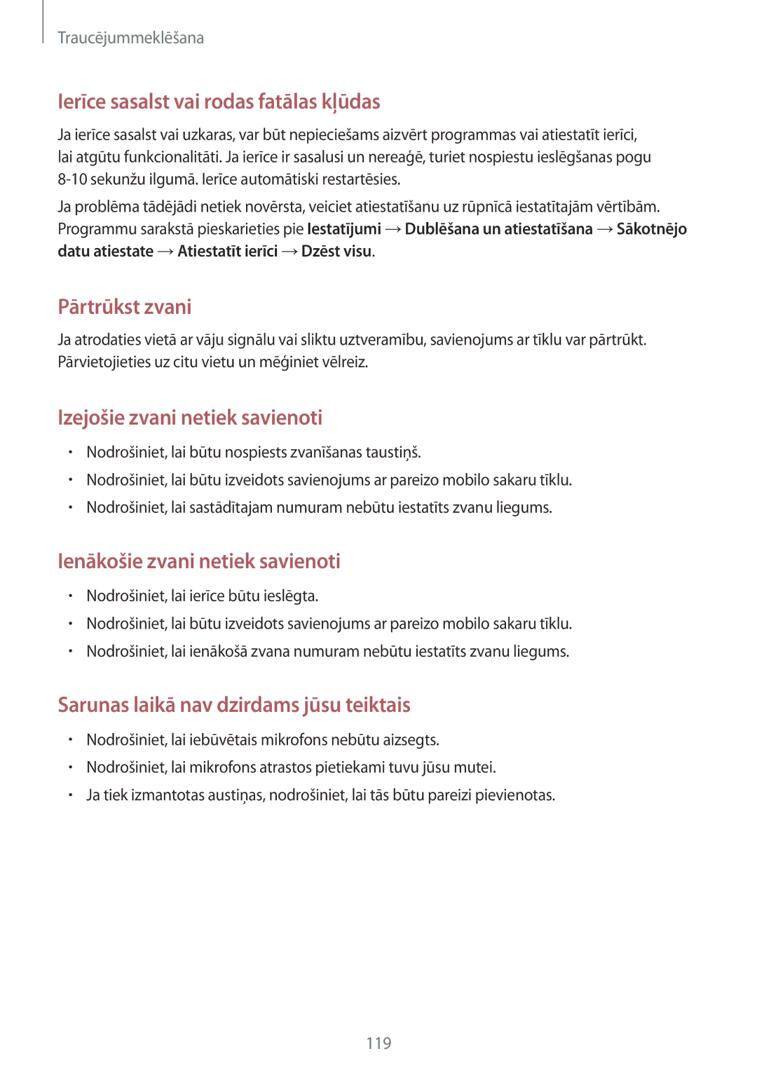 Samsung SM-T3150ZWASEB manual Ierīce sasalst vai rodas fatālas kļūdas 