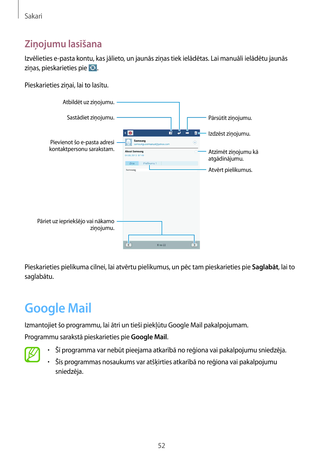 Samsung SM-T3150ZWASEB manual Google Mail, Ziņojumu lasīšana 