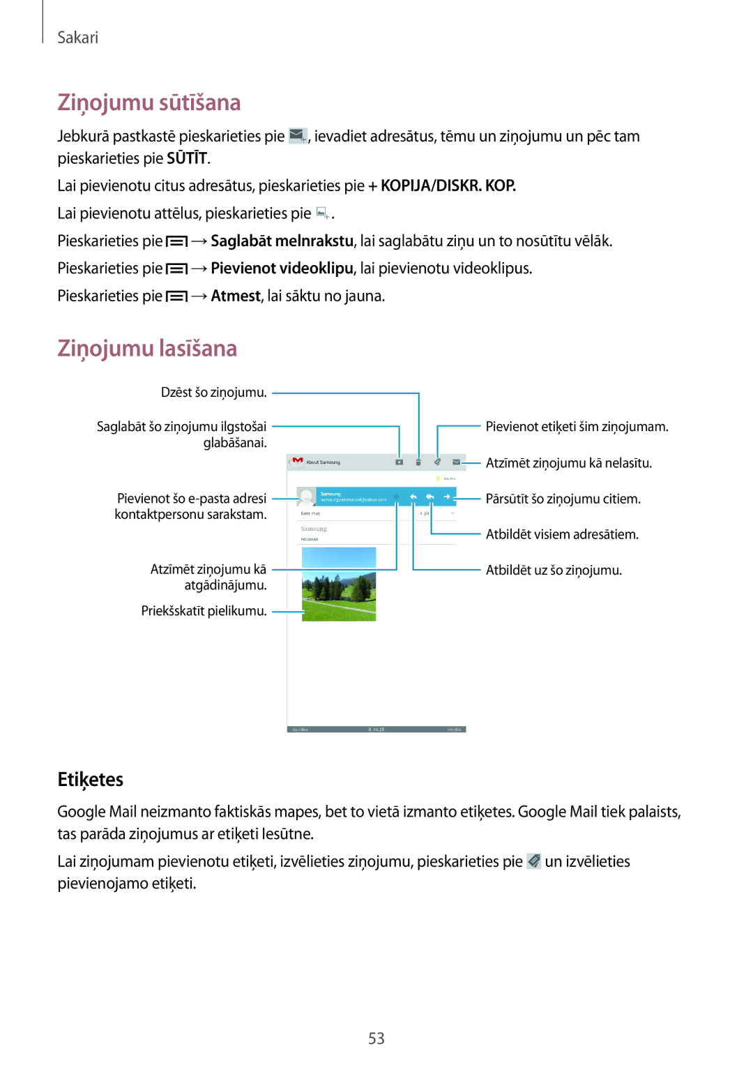 Samsung SM-T3150ZWASEB manual Etiķetes, Dzēst šo ziņojumu 