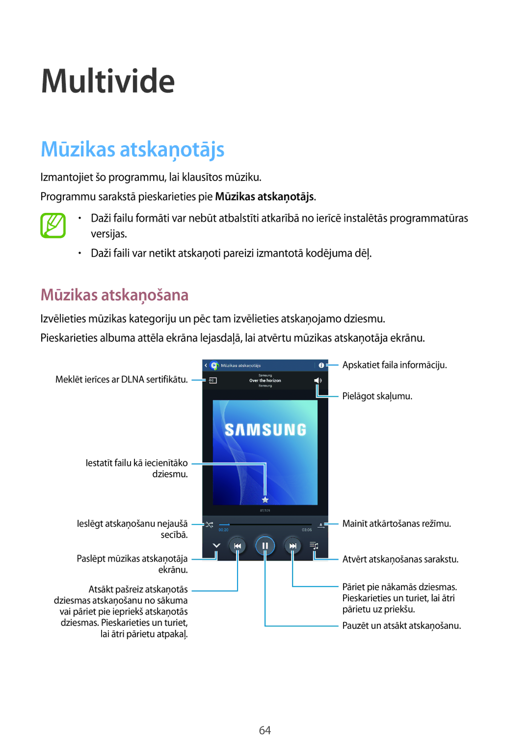 Samsung SM-T3150ZWASEB manual Multivide, Mūzikas atskaņotājs, Mūzikas atskaņošana 