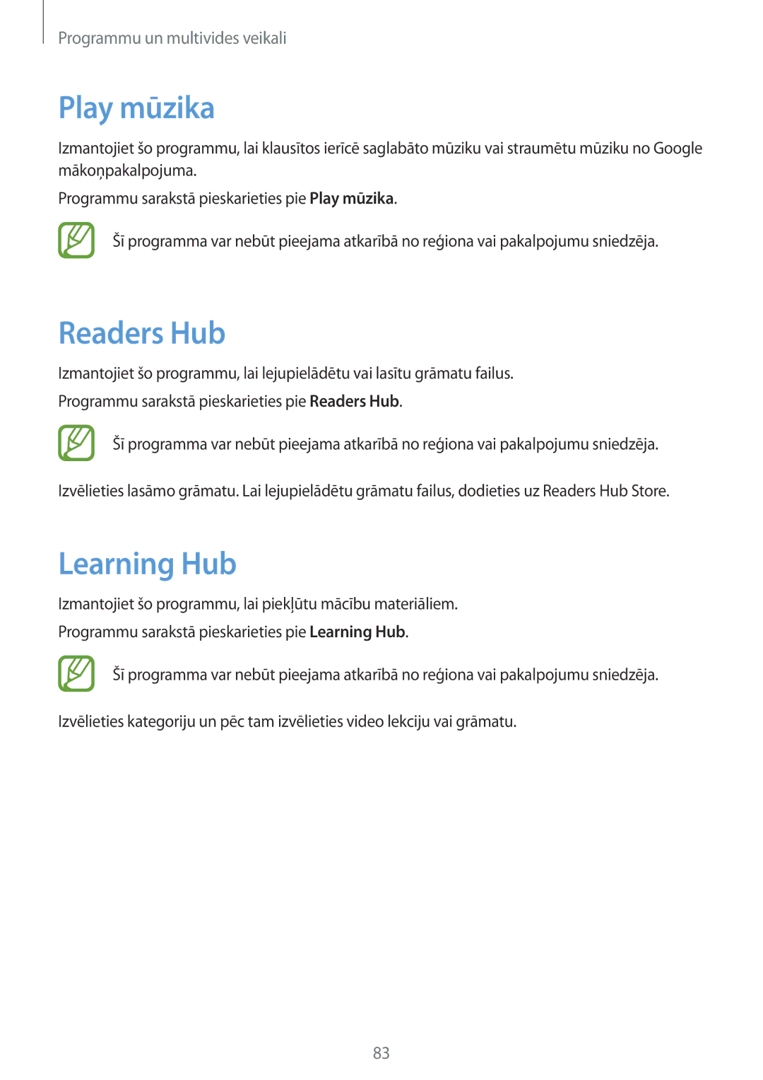 Samsung SM-T3150ZWASEB manual Play mūzika, Readers Hub, Learning Hub 