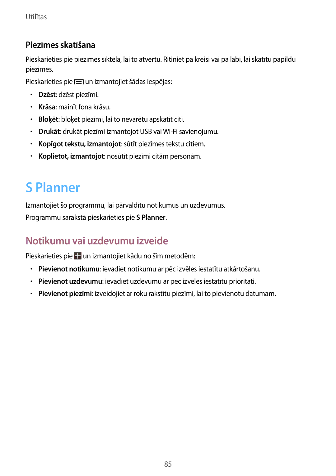 Samsung SM-T3150ZWASEB manual Planner, Notikumu vai uzdevumu izveide, Piezīmes skatīšana 