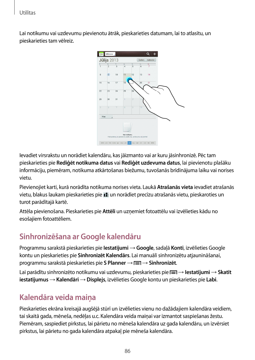 Samsung SM-T3150ZWASEB manual Sinhronizēšana ar Google kalendāru, Kalendāra veida maiņa 