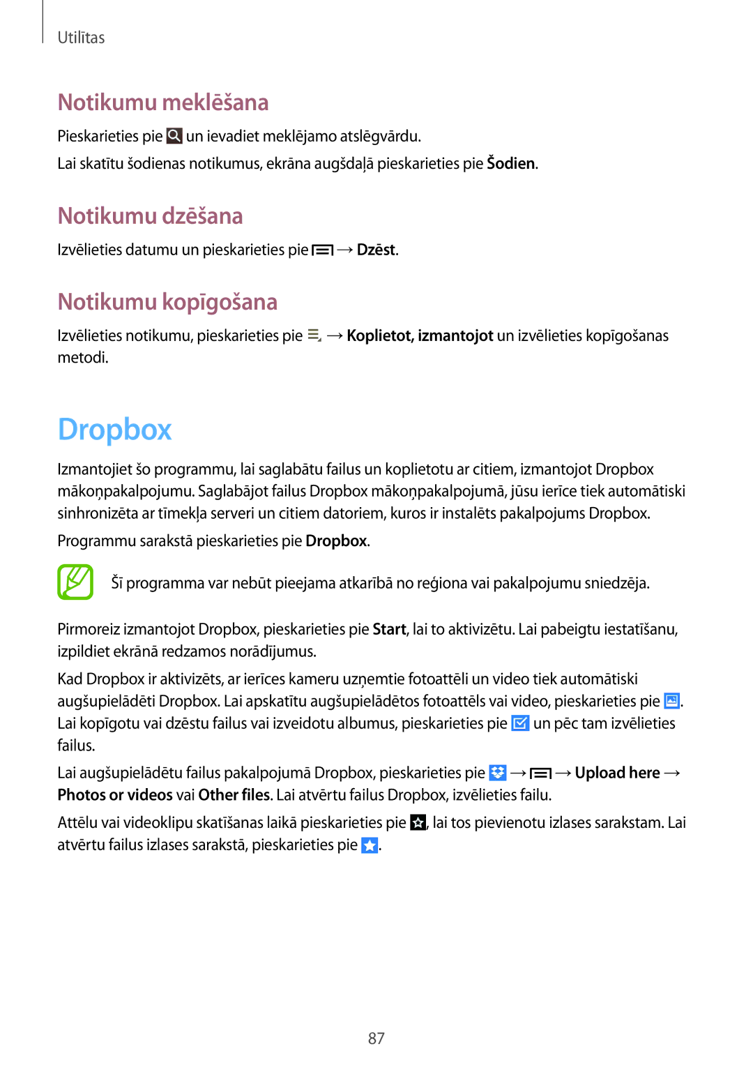 Samsung SM-T3150ZWASEB manual Dropbox, Notikumu meklēšana, Notikumu dzēšana, Notikumu kopīgošana 