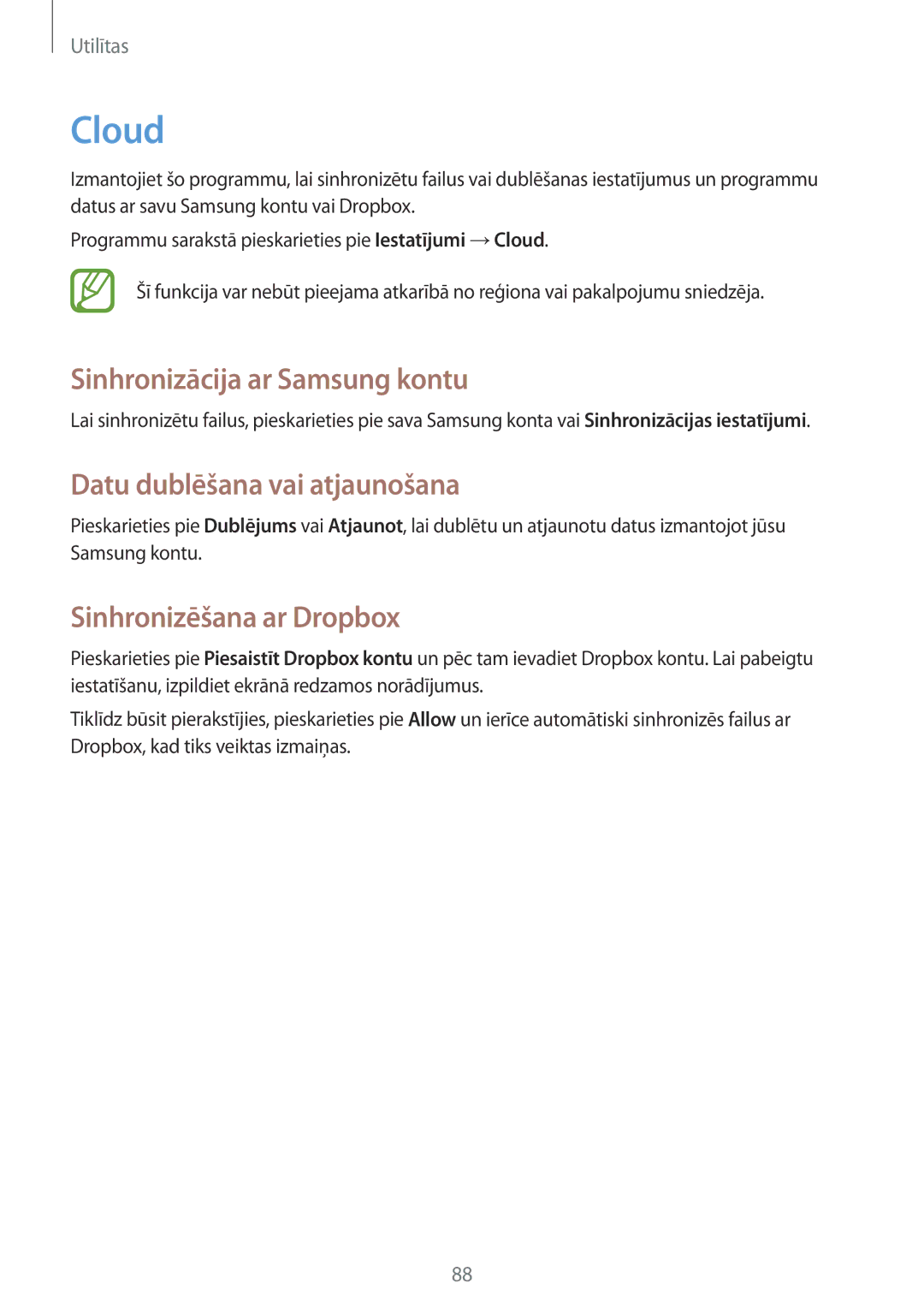 Samsung SM-T3150ZWASEB Cloud, Sinhronizācija ar Samsung kontu, Datu dublēšana vai atjaunošana, Sinhronizēšana ar Dropbox 