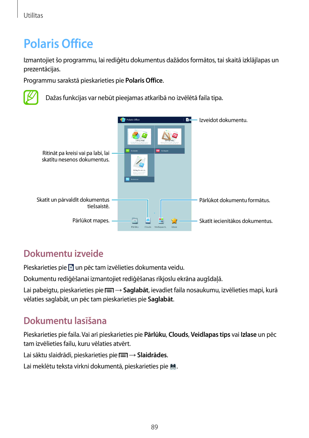 Samsung SM-T3150ZWASEB manual Polaris Office, Dokumentu izveide, Dokumentu lasīšana 