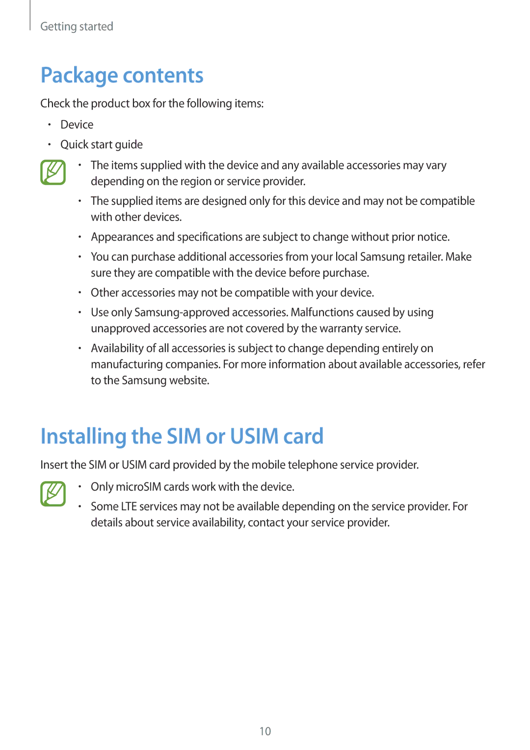 Samsung SM-T3150MKACRO, SM-T3150ZWAVD2, SM-T3150ZWADBT, SM-T3150ZWADTM Package contents, Installing the SIM or Usim card 