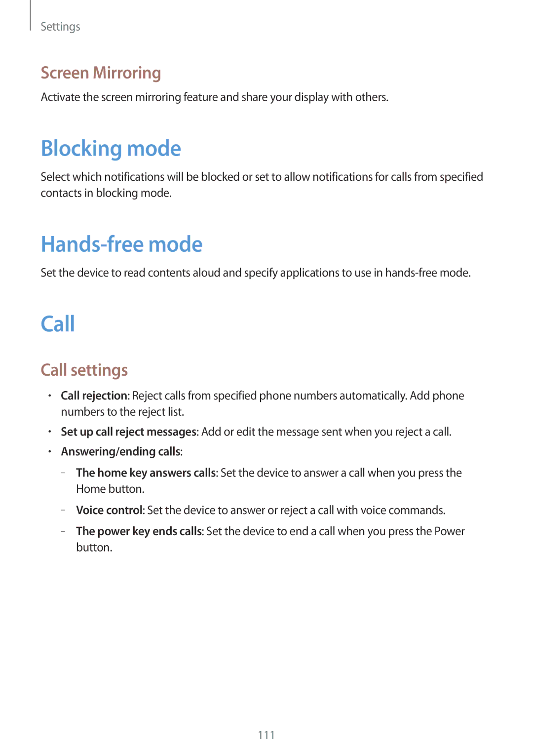 Samsung SM-T3150MKADBT, SM-T3150ZWAVD2, SM-T3150ZWADBT Blocking mode, Hands-free mode, Screen Mirroring, Call settings 