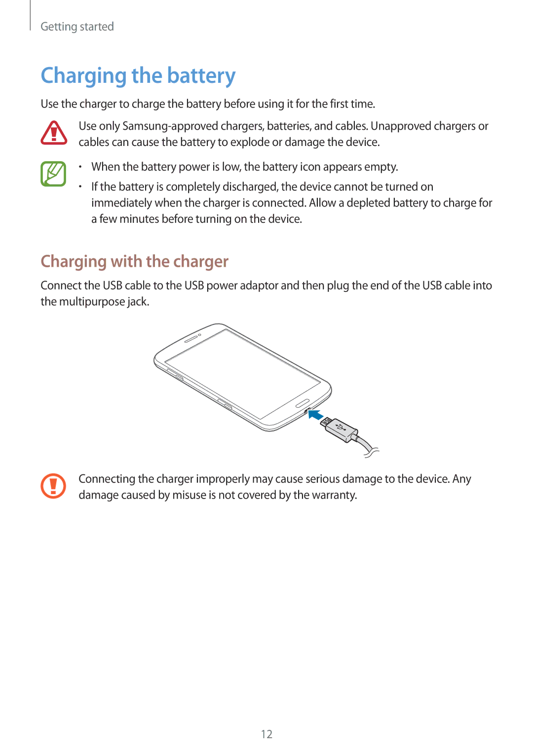 Samsung SM-T3150ZWAMAX, SM-T3150ZWAVD2, SM-T3150ZWADBT, SM-T3150ZWADTM manual Charging the battery, Charging with the charger 