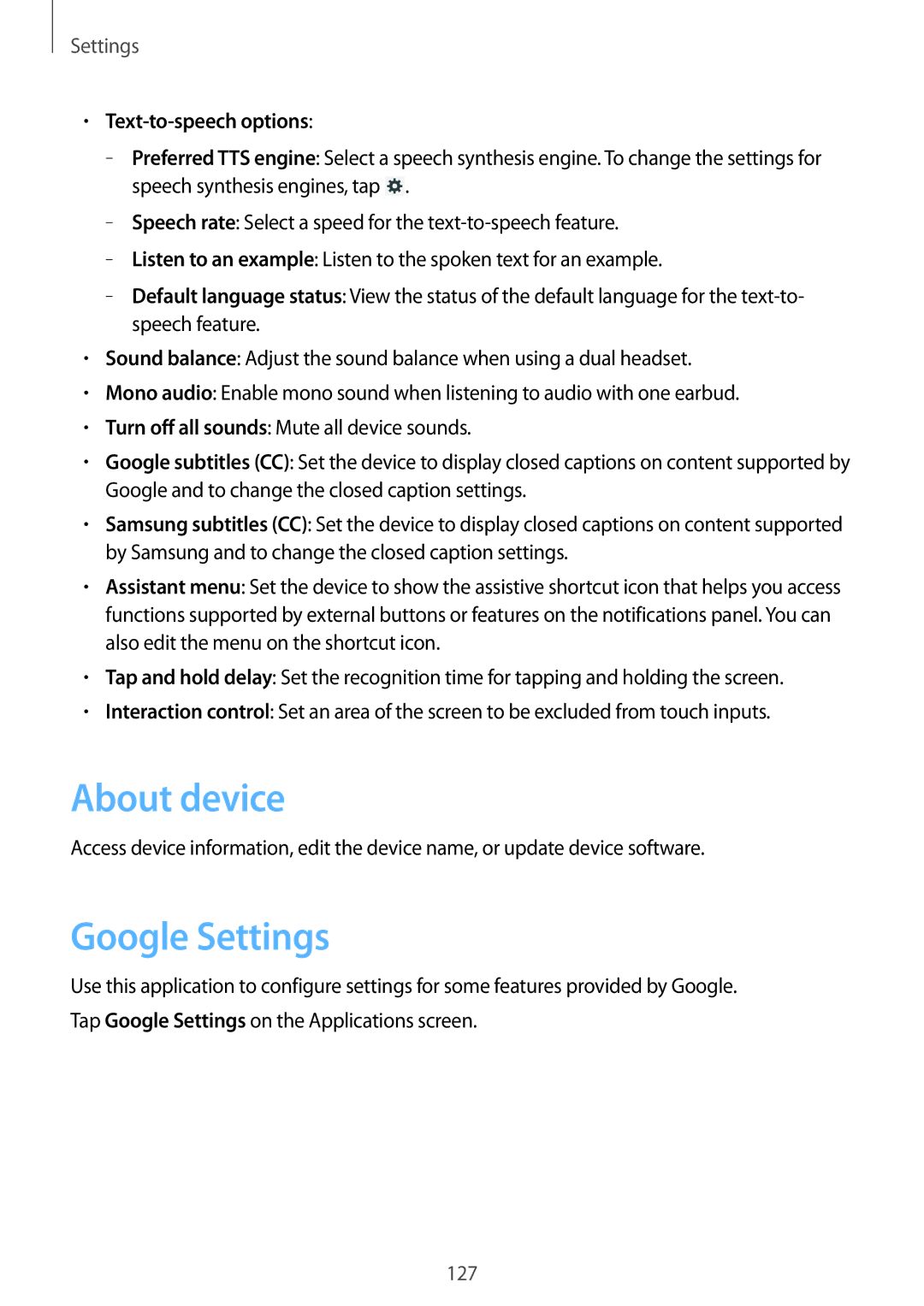 Samsung SM-T3150MKANEE, SM-T3150ZWAVD2, SM-T3150ZWADBT, SM-T3150ZWADTM About device, Google Settings, Text-to-speech options 