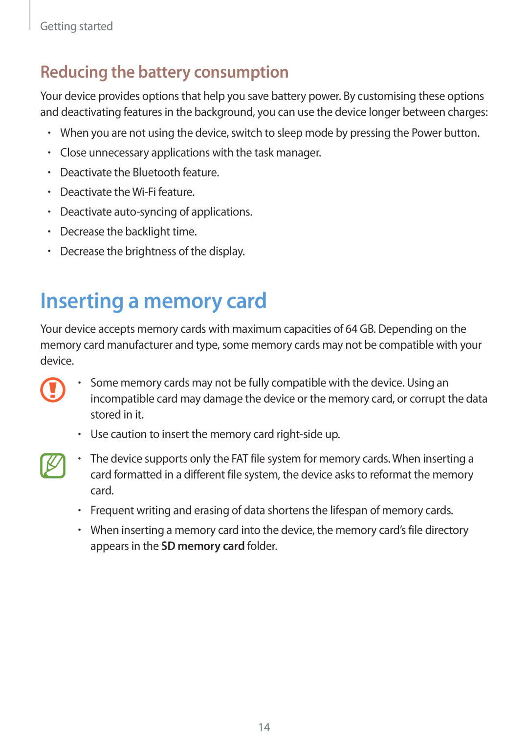 Samsung SM-T3150ZWENEE, SM-T3150ZWAVD2, SM-T3150ZWADBT manual Inserting a memory card, Reducing the battery consumption 