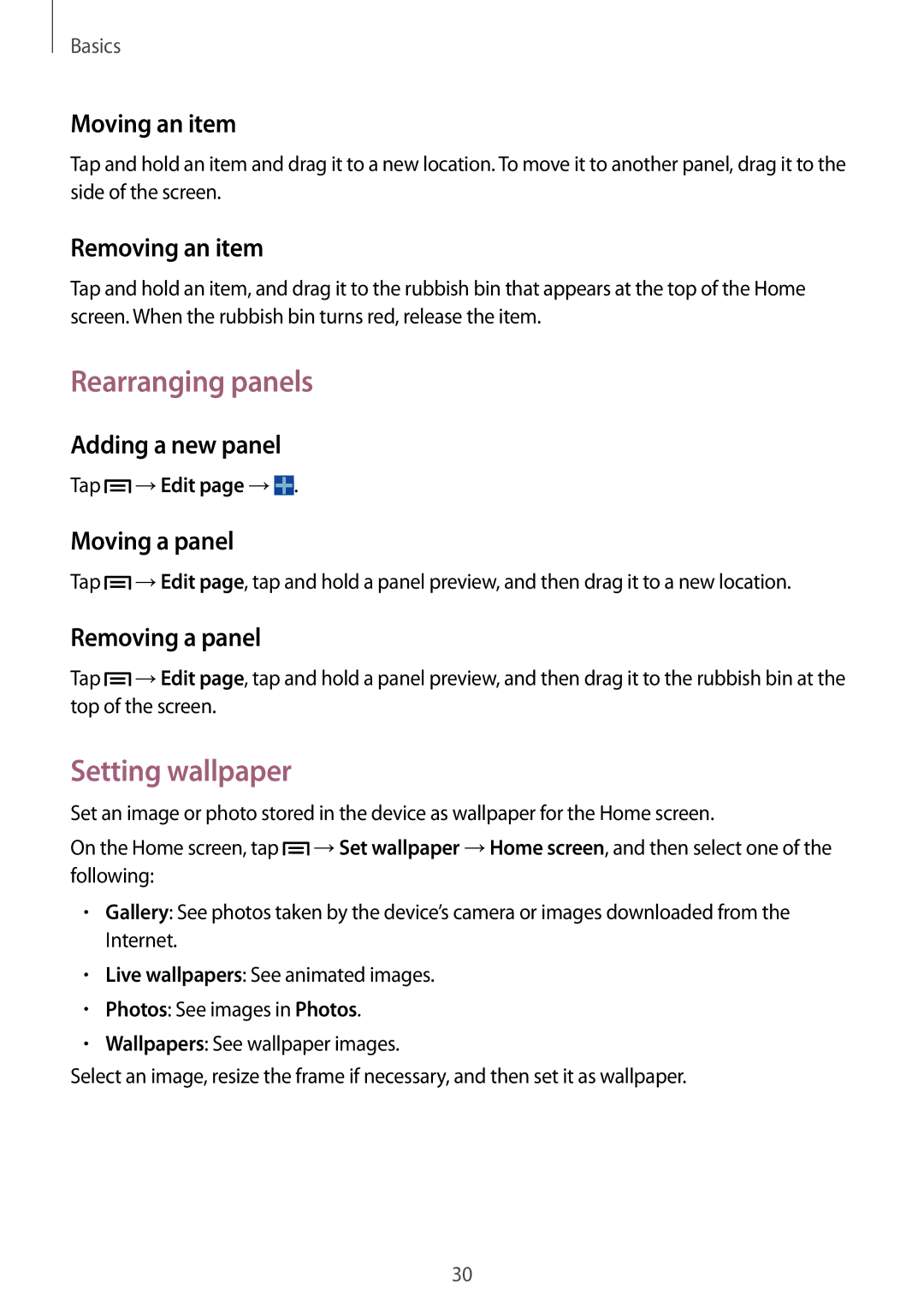 Samsung SM-T3150MKADBT, SM-T3150ZWAVD2, SM-T3150ZWADBT, SM-T3150ZWADTM, SM-T3150ZWAXEF Rearranging panels, Setting wallpaper 