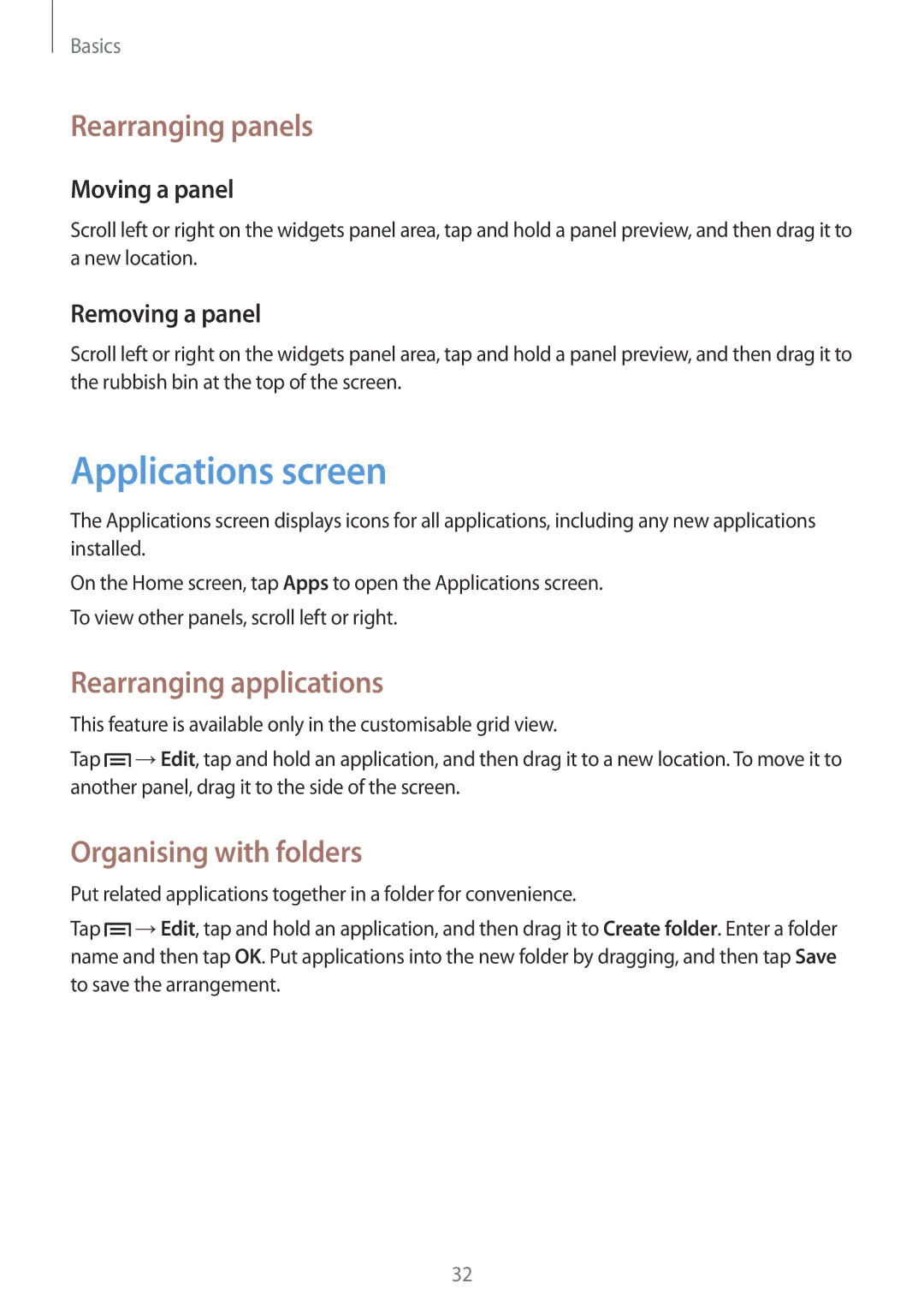 Samsung SM-T3150MKAXEF, SM-T3150ZWAVD2 manual Applications screen, Rearranging applications, Organising with folders 