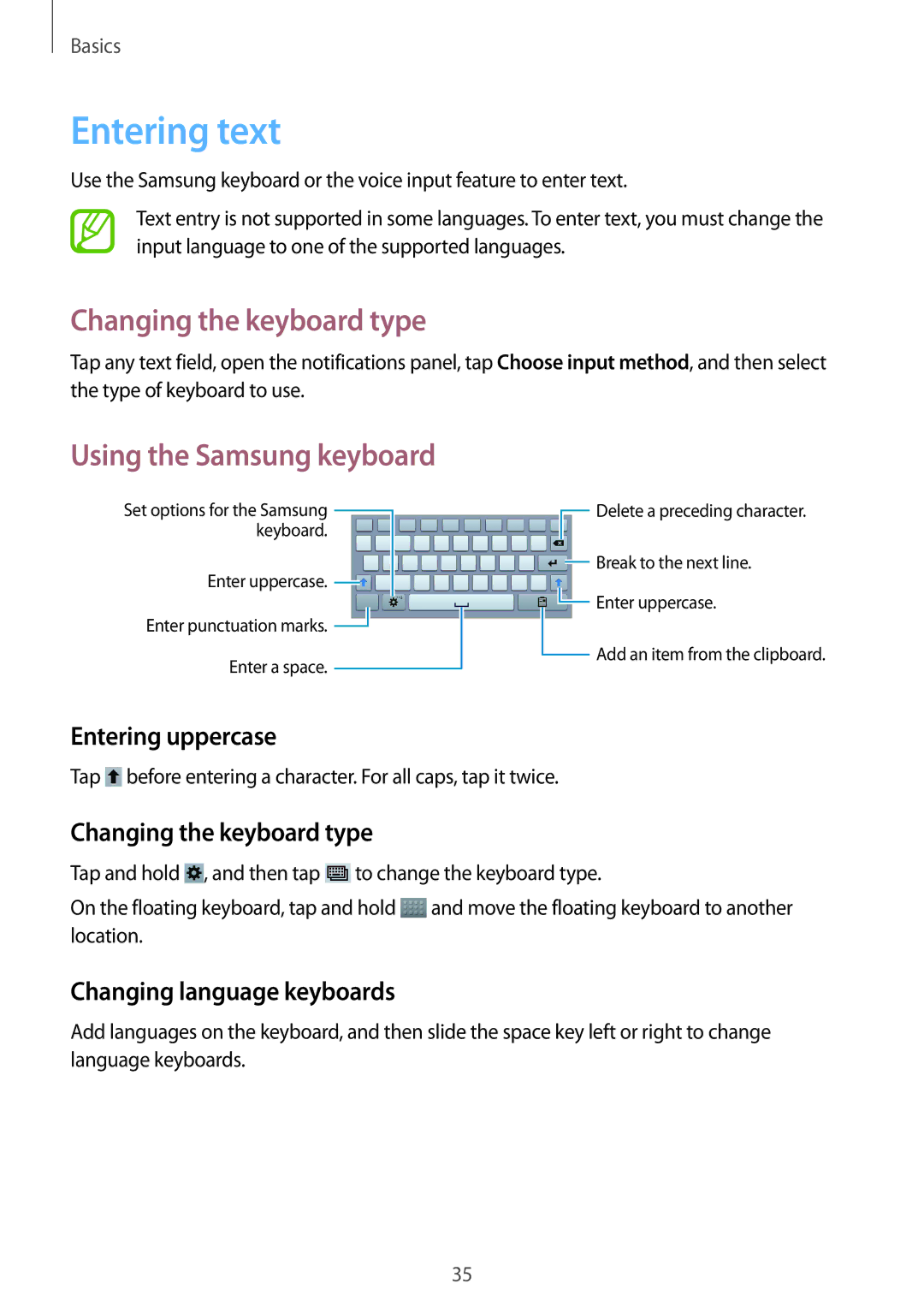 Samsung SM-T3150ZWAATL, SM-T3150ZWAVD2 manual Entering text, Changing the keyboard type, Using the Samsung keyboard 