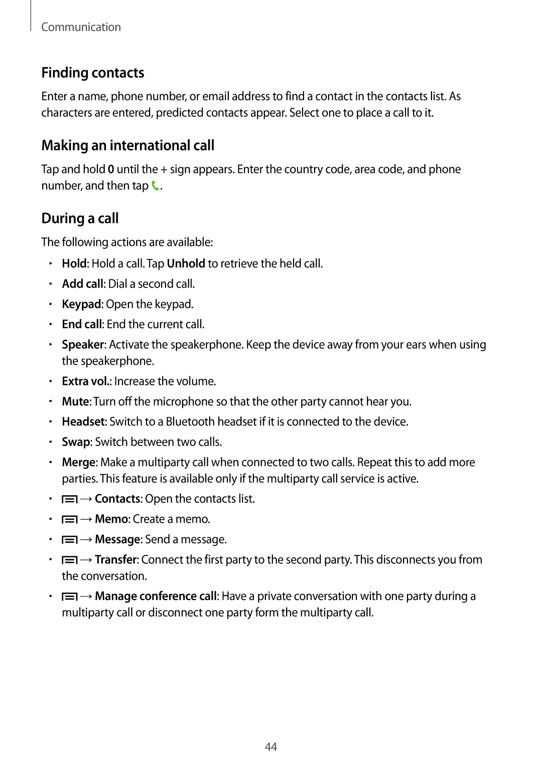 Samsung SM-T3150GNANEE, SM-T3150ZWAVD2, SM-T3150ZWADBT manual Finding contacts, Making an international call, During a call 