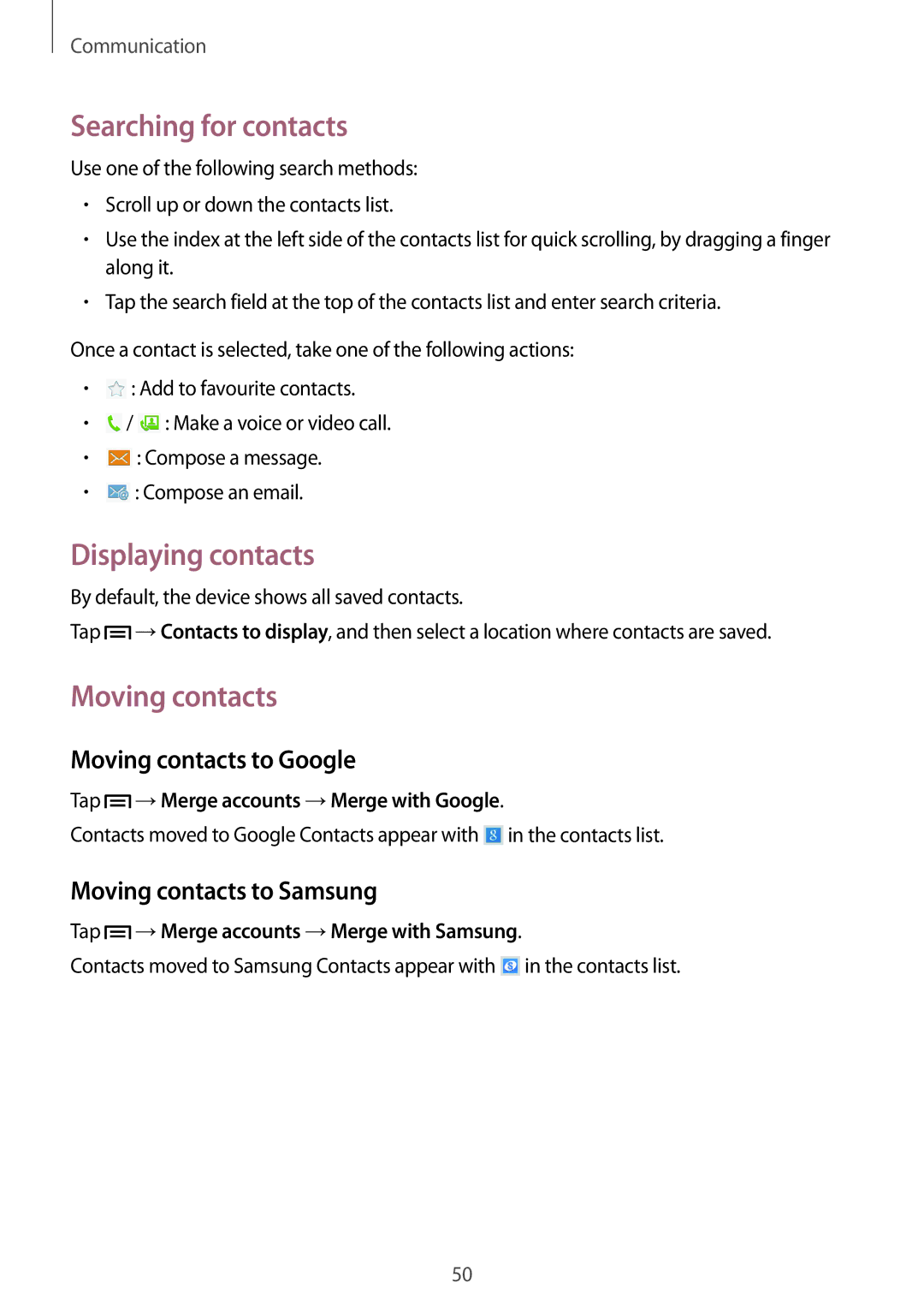 Samsung SM-T3150ZWAEUR, SM-T3150ZWAVD2 manual Searching for contacts, Displaying contacts, Moving contacts to Google 