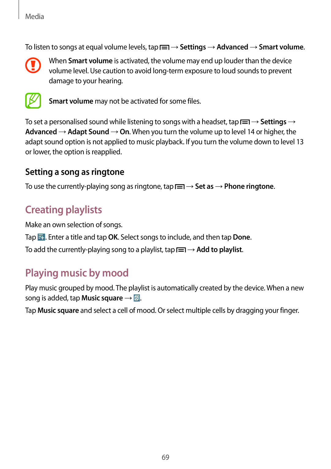 Samsung SM-T3150GNENEE, SM-T3150ZWAVD2 manual Creating playlists, Playing music by mood, Setting a song as ringtone 