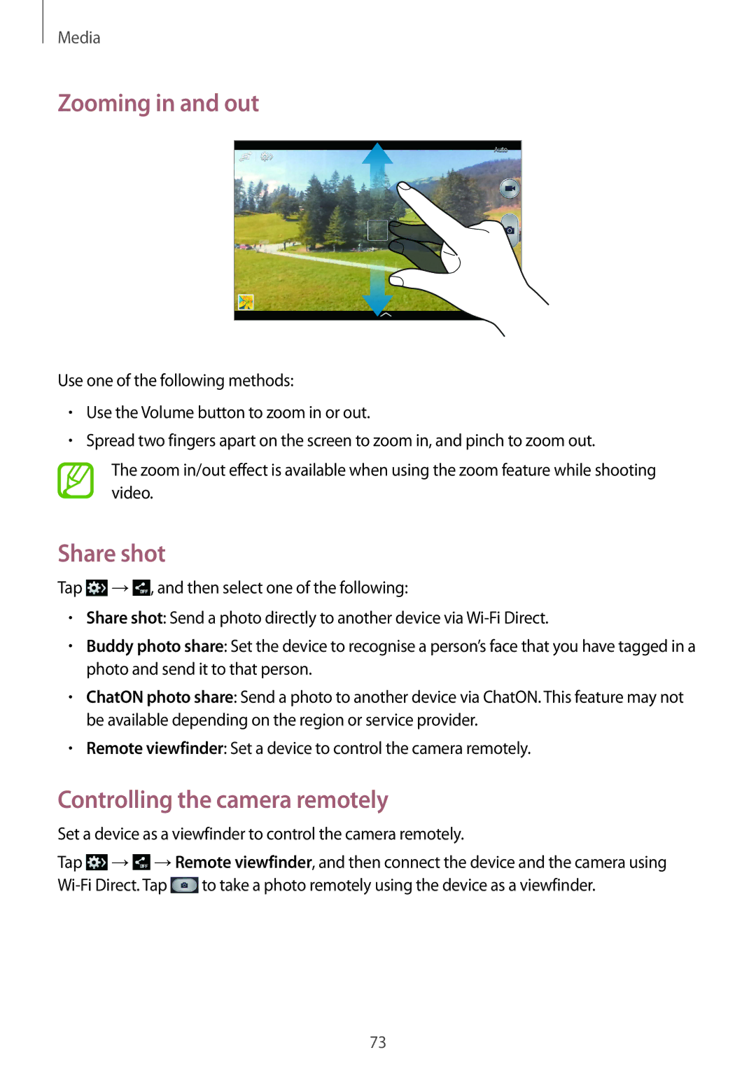 Samsung SM-T3150MKANEE, SM-T3150ZWAVD2, SM-T3150ZWADBT manual Zooming in and out, Share shot, Controlling the camera remotely 