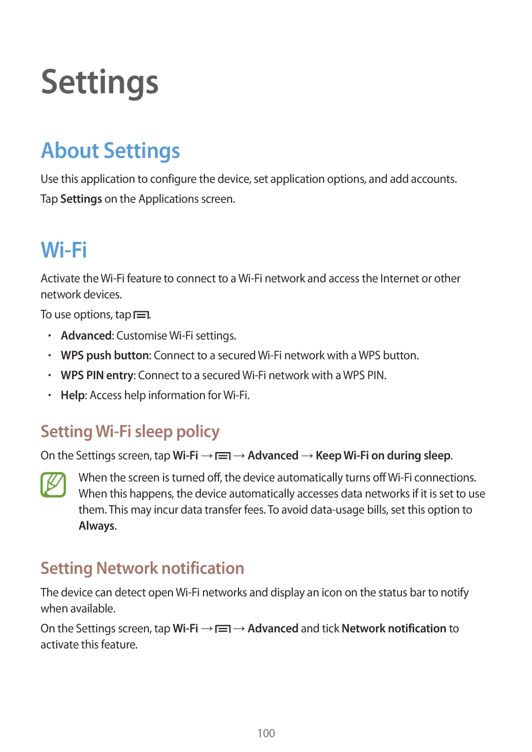 Samsung SM-T3150MKANEE, SM-T3150ZWAVD2 About Settings, Setting Wi-Fi sleep policy, Setting Network notification 