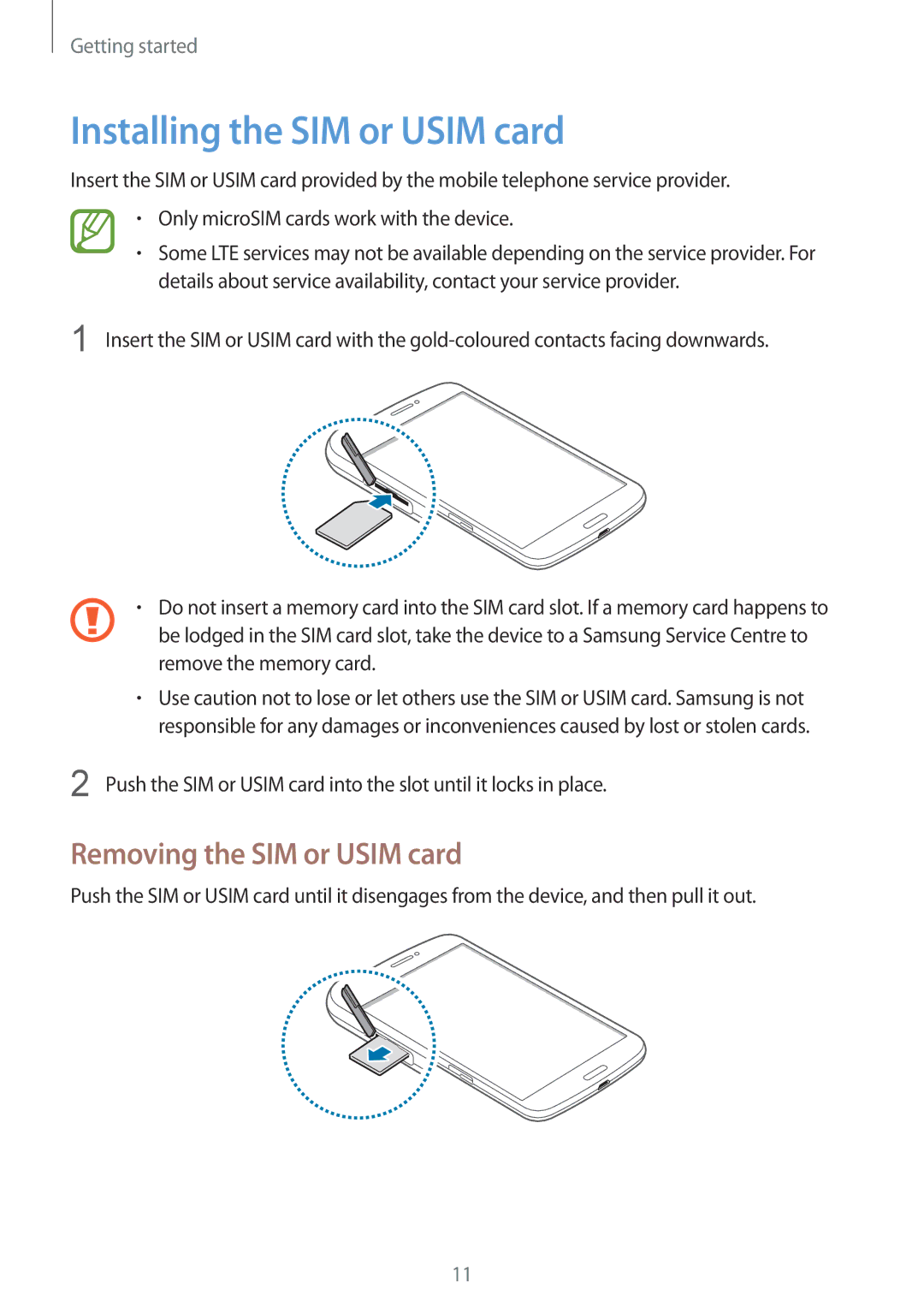 Samsung SM-T3150ZWAAUT, SM-T3150ZWAVD2, SM-T3150ZWADBT manual Installing the SIM or Usim card, Removing the SIM or Usim card 